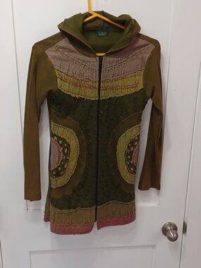 Green Distressed India Bohemian Tunic Hoodie Zip Up Jacket Sweater XS - S